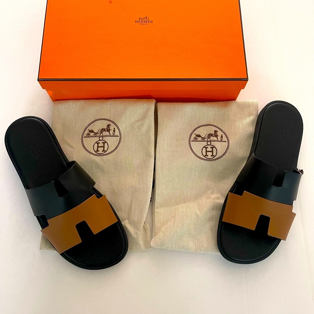Hermes Black and Brown Leather Sandals Izmir - Picture 2 of 9